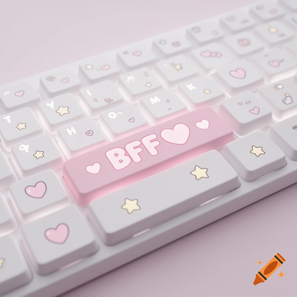 Close-up of a white and pink kawaii keyboard with 'BFF' and heart icons on a keycap, and stars and hearts on other keys.