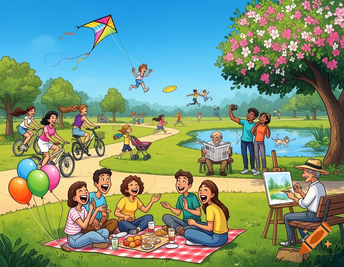 Cartoon of a busy park scene on a sunny day, with people picnicking, biking, flying a kite, painting, and taking selfies.
