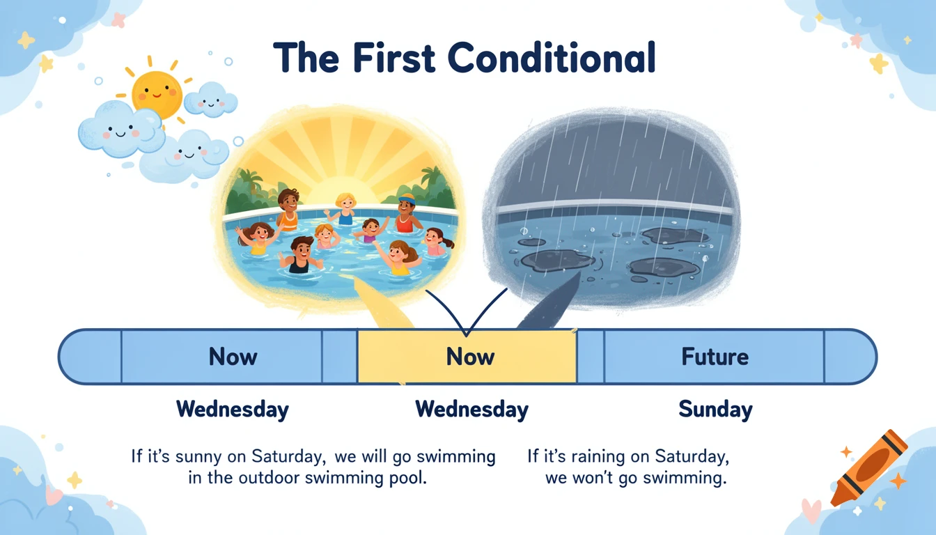 An educational diagram titled "The First Conditional" with a timeline and two scenes: children swimming on a sunny day and a pool in the rain.