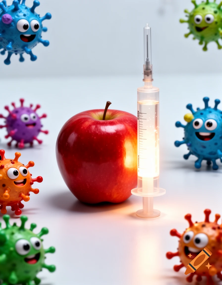 A red apple and a glowing syringe stand upright surrounded by colorful, smiling cartoon virus characters on a white surface.