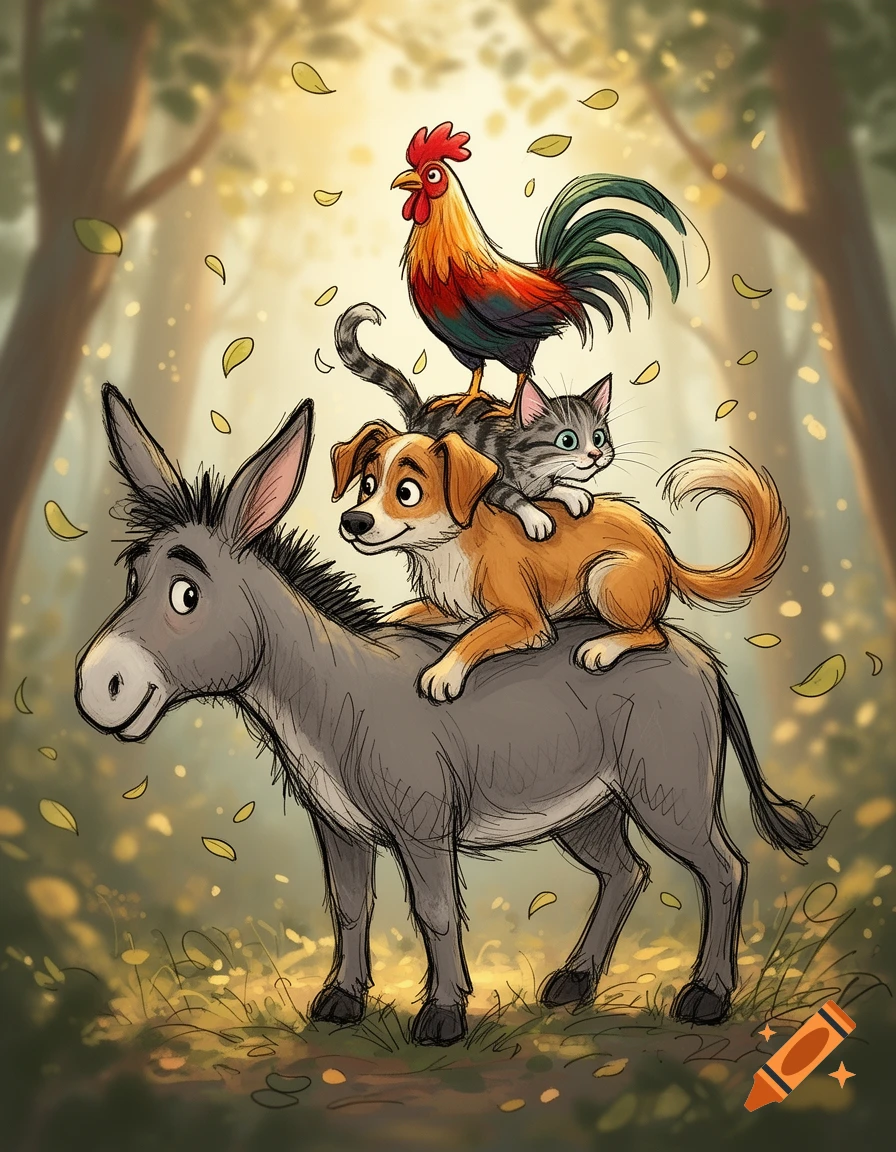 A whimsical cartoon illustration of a donkey, dog, cat, and rooster stacked on each other, walking through a sunlit forest with falling leaves.
