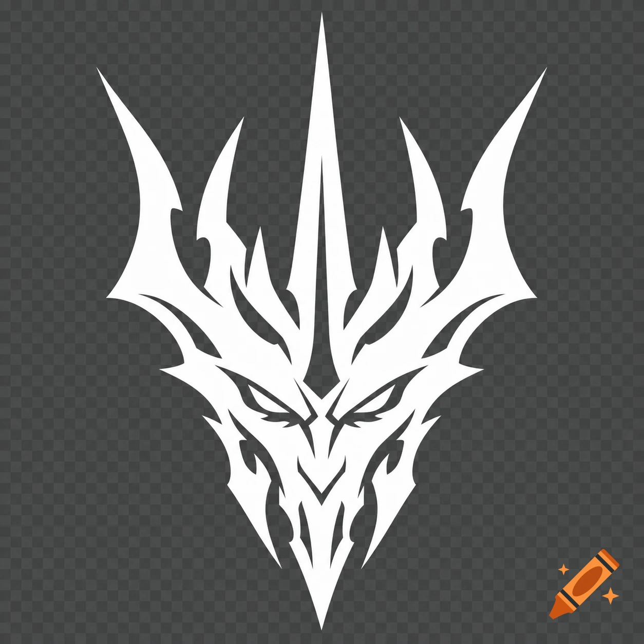 A white, stylized, simplistic demonic face logo with sharp features, on a transparent background.
