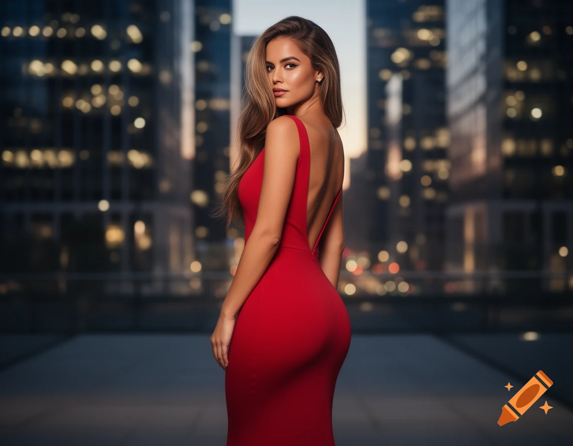 A woman in a red backless dress poses with a blurred cityscape at night in the background.