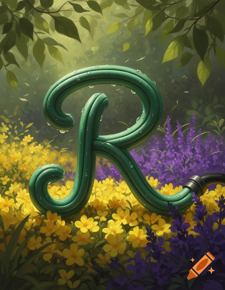 A green garden hose, shaped like the letter R with water droplets, lies among yellow and purple flowers in a lush garden setting.