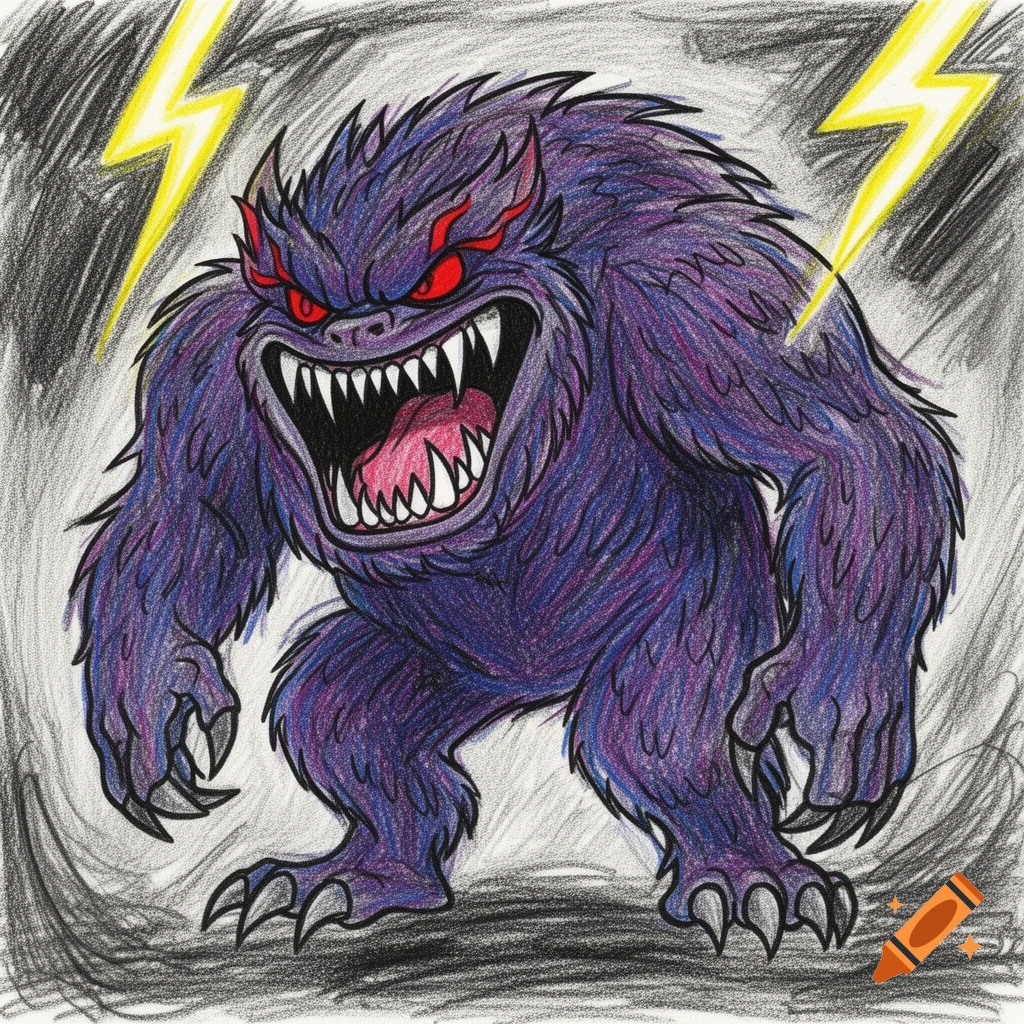 A crayon illustration of a fierce, furry purple monster with glowing red eyes and sharp teeth, roaring with two yellow lightning bolts in the background.