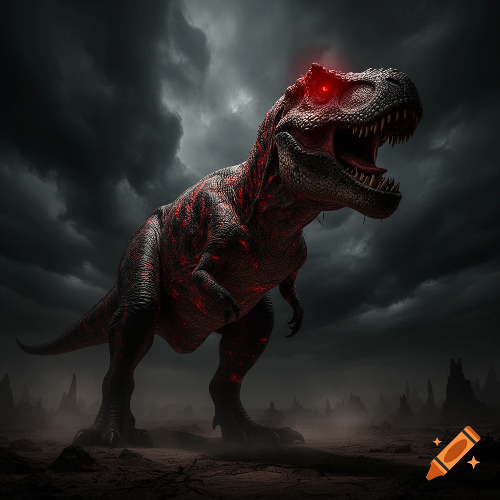A menacing Tyrannosaurus Rex with glowing red eyes and fiery red markings stands in a dark, stormy, desolate landscape.