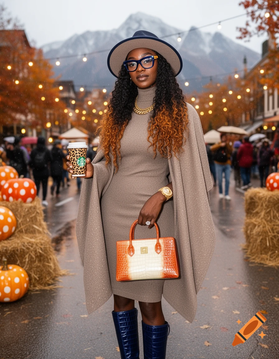 Photorealistic image of a stylish Black woman in a fall street setting, wearing a dress, cape, and hat, holding a leopard print coffee cup and a handbag.