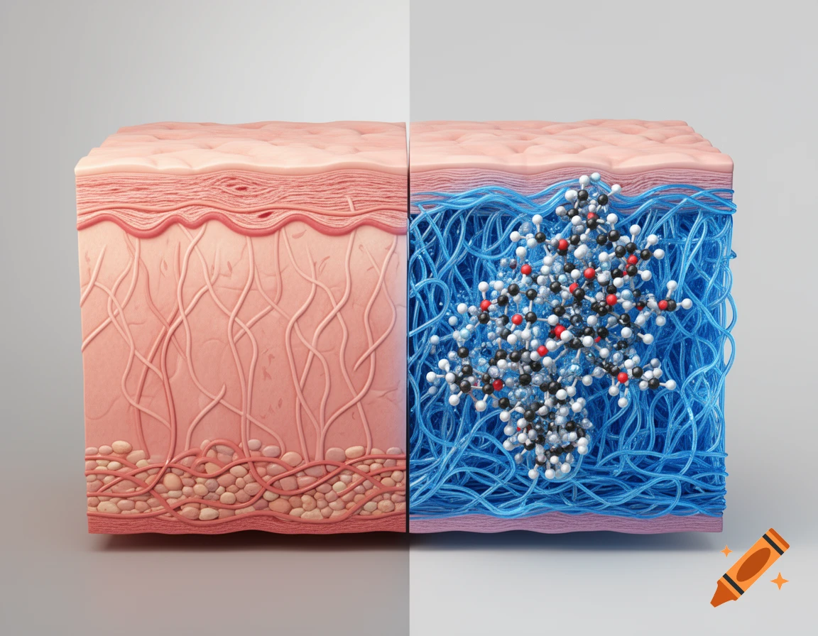 A 3D scientific diagram showing a cross-section of skin. The right side depicts molecules interacting with a blue hyaluronic acid network.