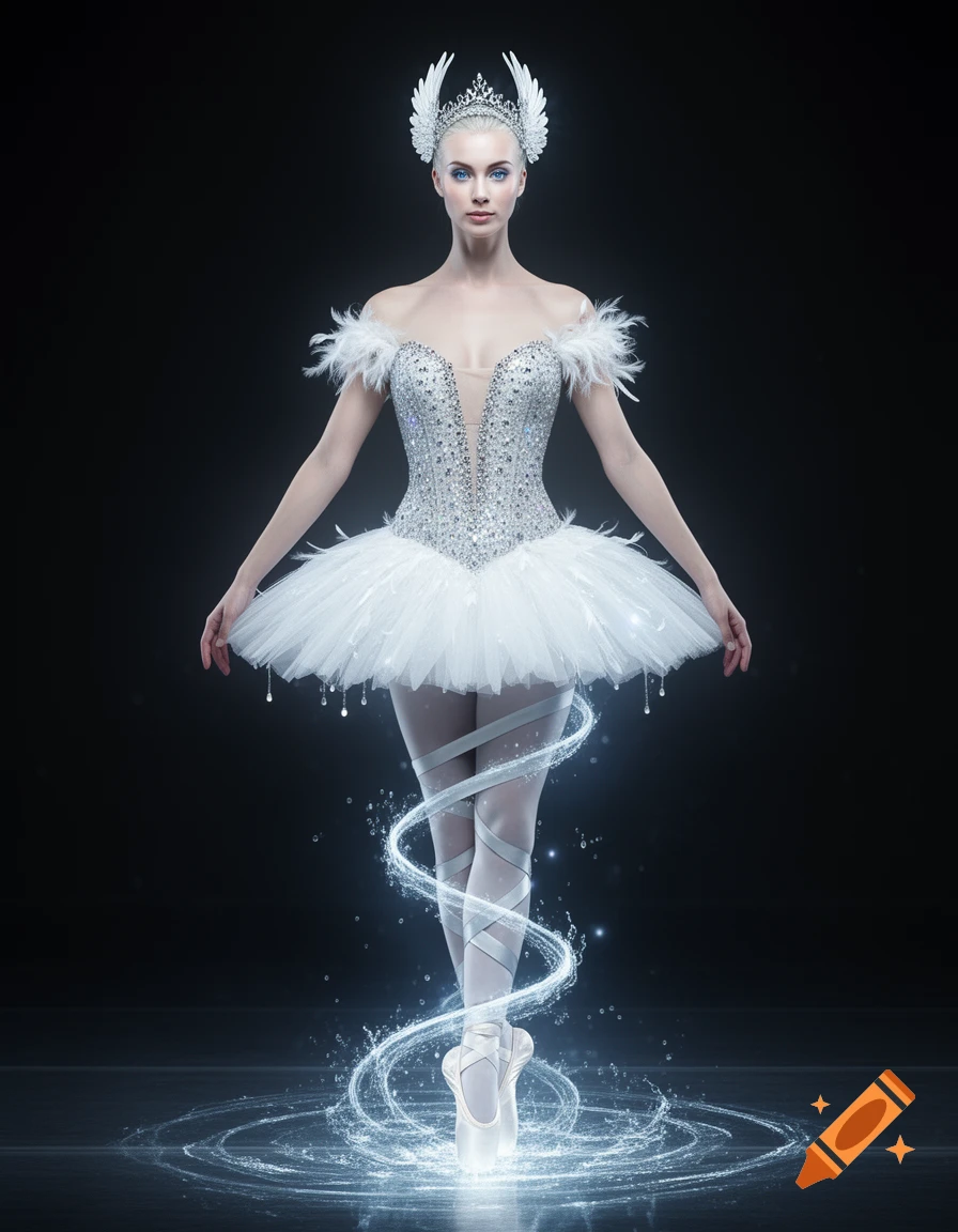 A ballerina in a sparkling white and silver tutu with a winged tiara stands en pointe as magical glowing water swirls around her legs.