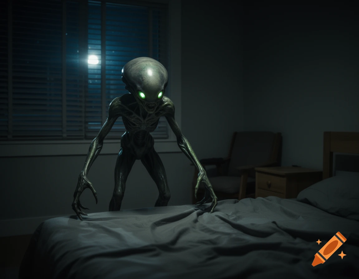 A skeletal alien with glowing green eyes stands at the foot of a bed in a dark bedroom at night. Photorealistic.