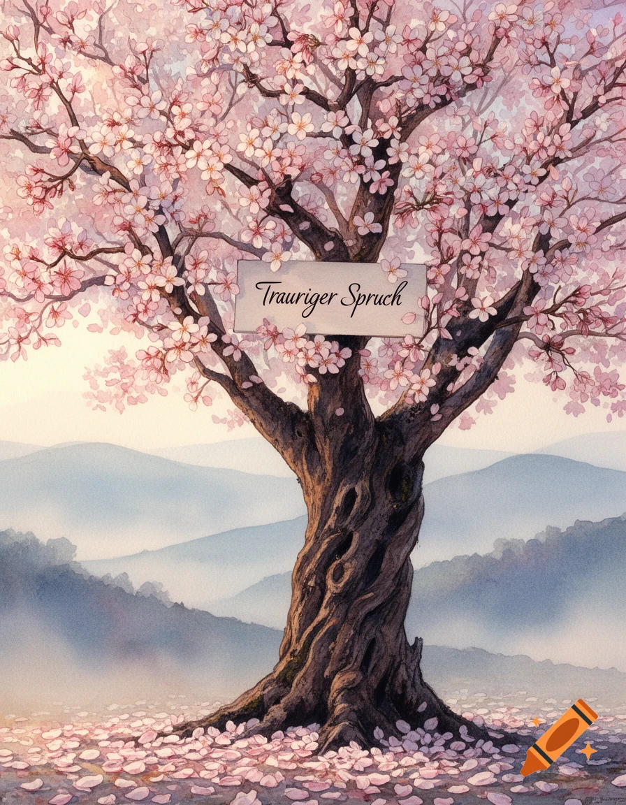 A watercolor painting of a cherry blossom tree with pink flowers, a sign reading 'Trauriger Spruch', and mountains in the background.