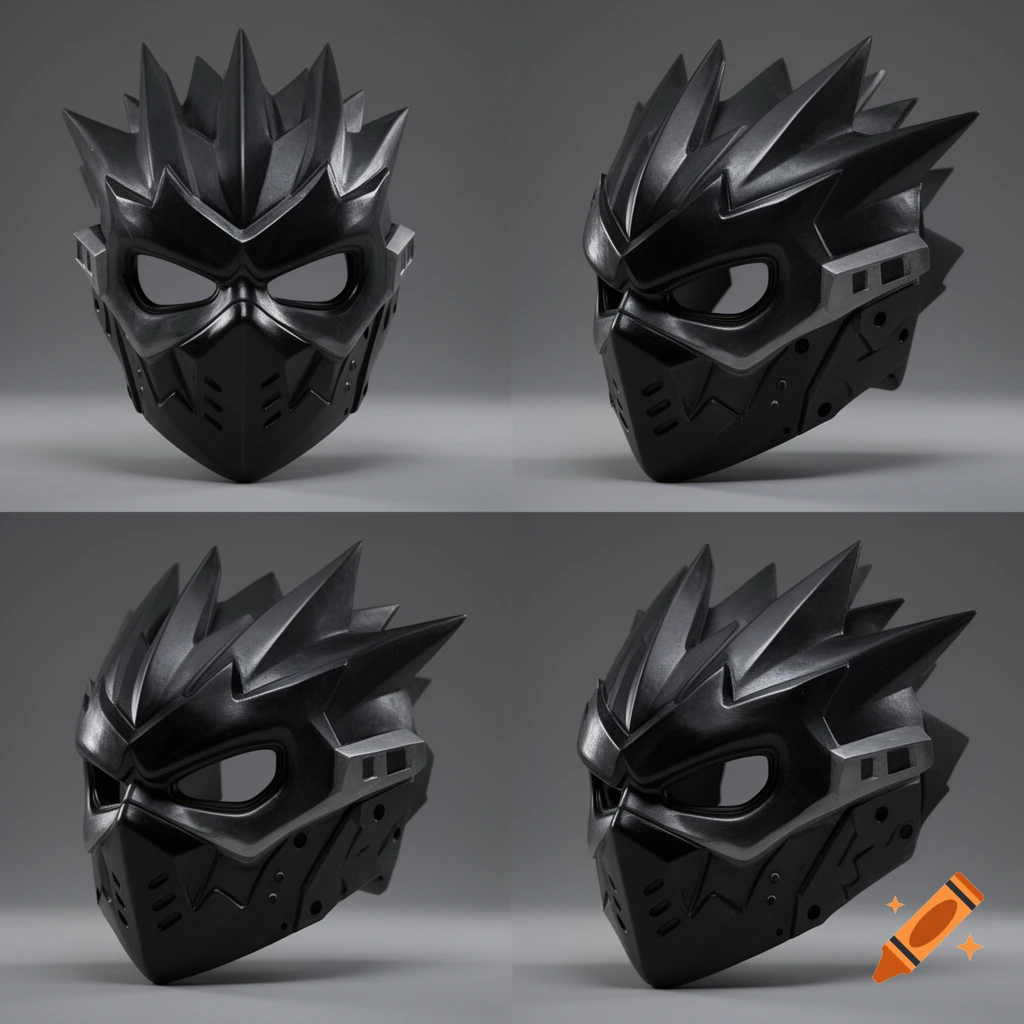 A black spiky mask with eye cutouts and silver accents, Bakugo's from My Hero Academia, shown from four different angles.