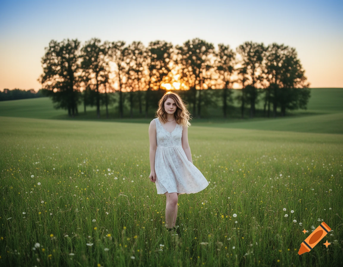 A young woman in a white dress stands in a vibrant green field at sunset, with trees silhouetted in the background.