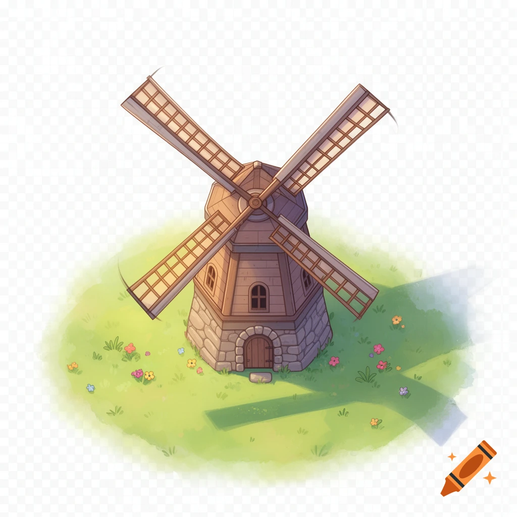 A top-down cartoon illustration of a stone and wooden windmill on a grassy patch with flowers, against a transparent background.