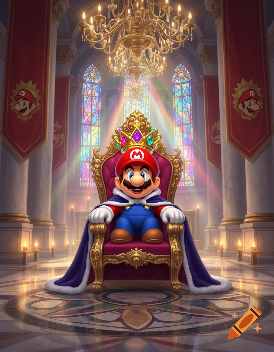 Mario as a king sits on an ornate golden throne in a grand hall with stained glass windows and a chandelier.