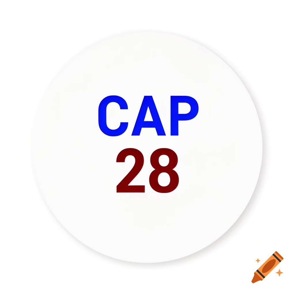 White circle with blue text CAP above red text 28.