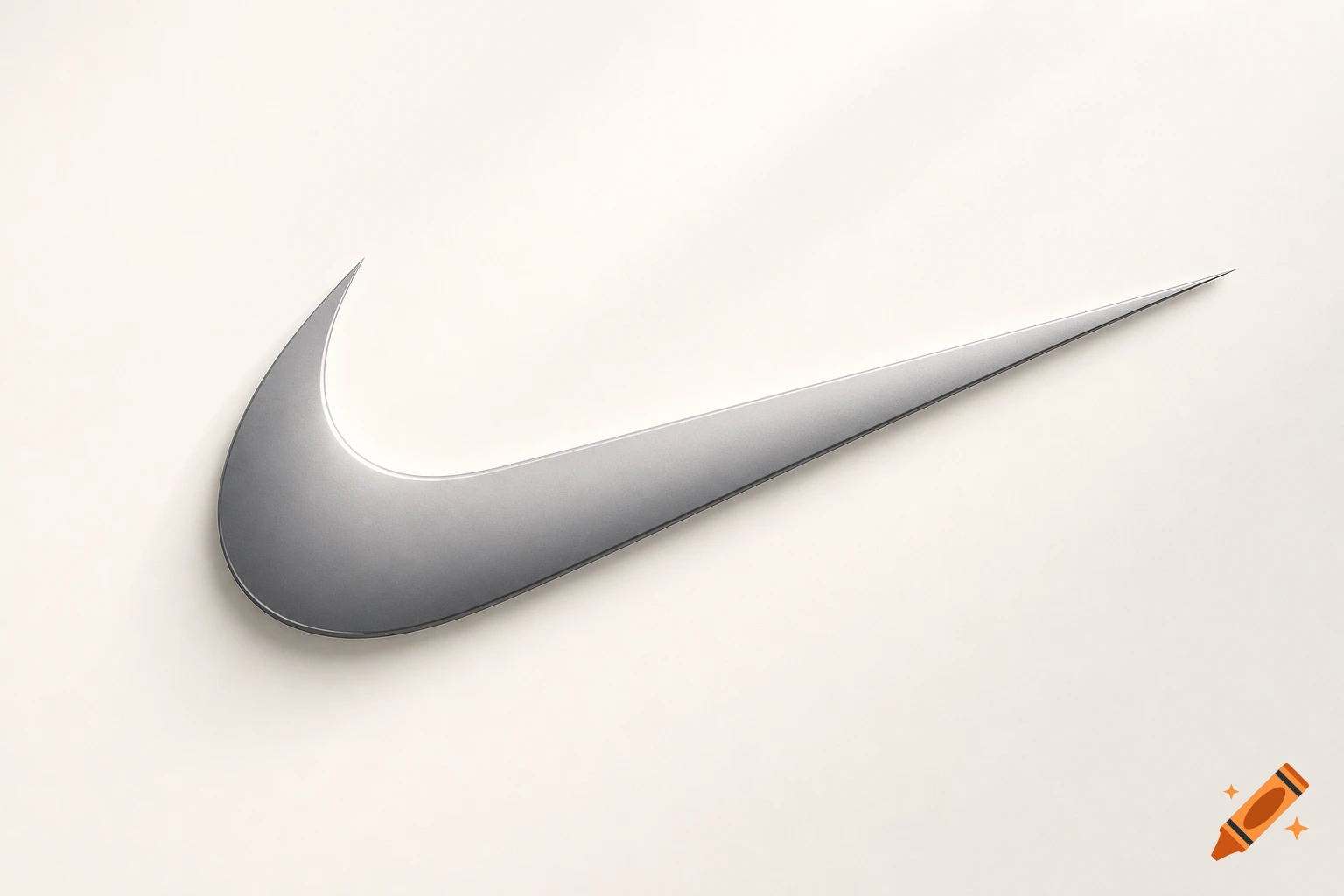 A metallic silver Nike swoosh logo with a slight 3D effect on a plain, light off-white background.