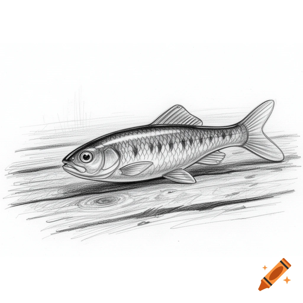 Pencil sketch of a fish with scales and fins, lying on a wooden surface.