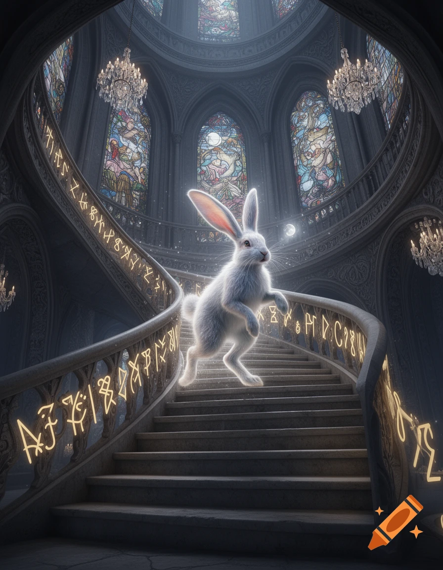 A glowing white rabbit leaps up a grand, spiraling stone staircase adorned with golden runes in a magical gothic tower with stained glass windows.