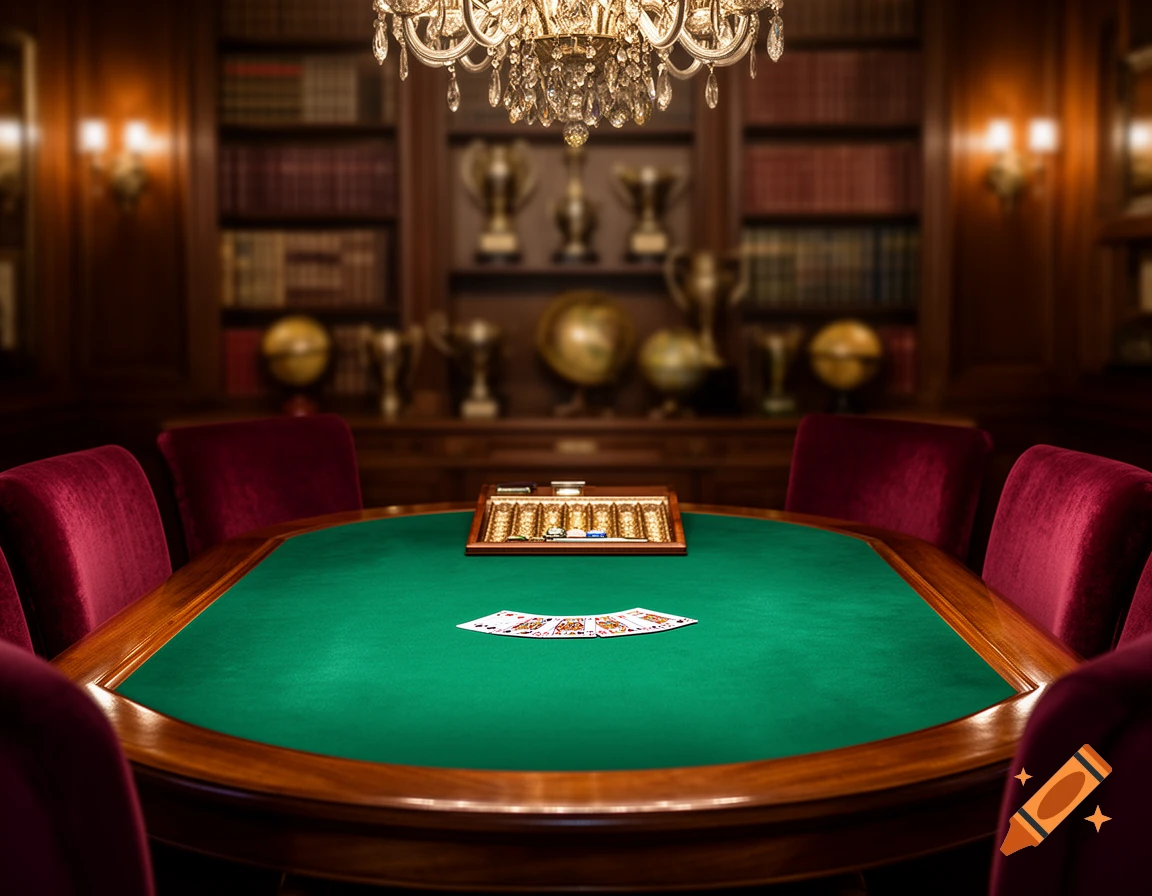 A luxurious green felt card game table surrounded by red velvet chairs, with playing cards and chips, under a crystal chandelier in a rich study.