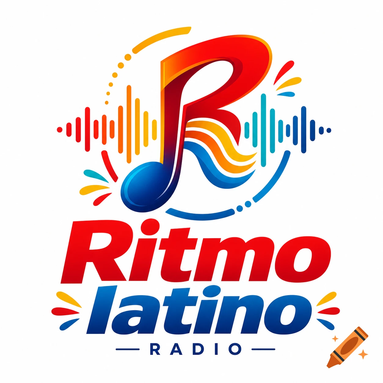 A vibrant logo for "Ritmo Latino Radio" featuring a musical note and sound waves.