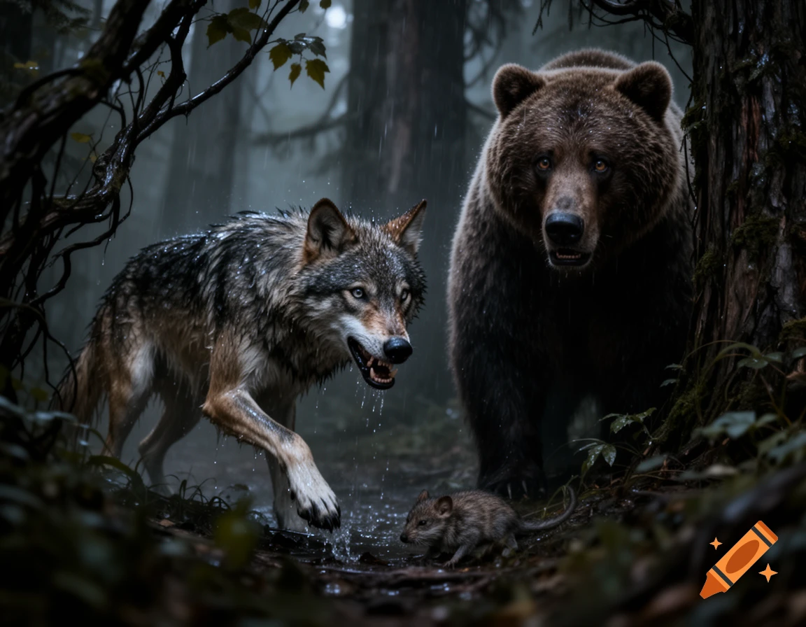 A fierce wolf, a worried bear, and a tiny rat in a dark, rainy forest, photorealistic style.