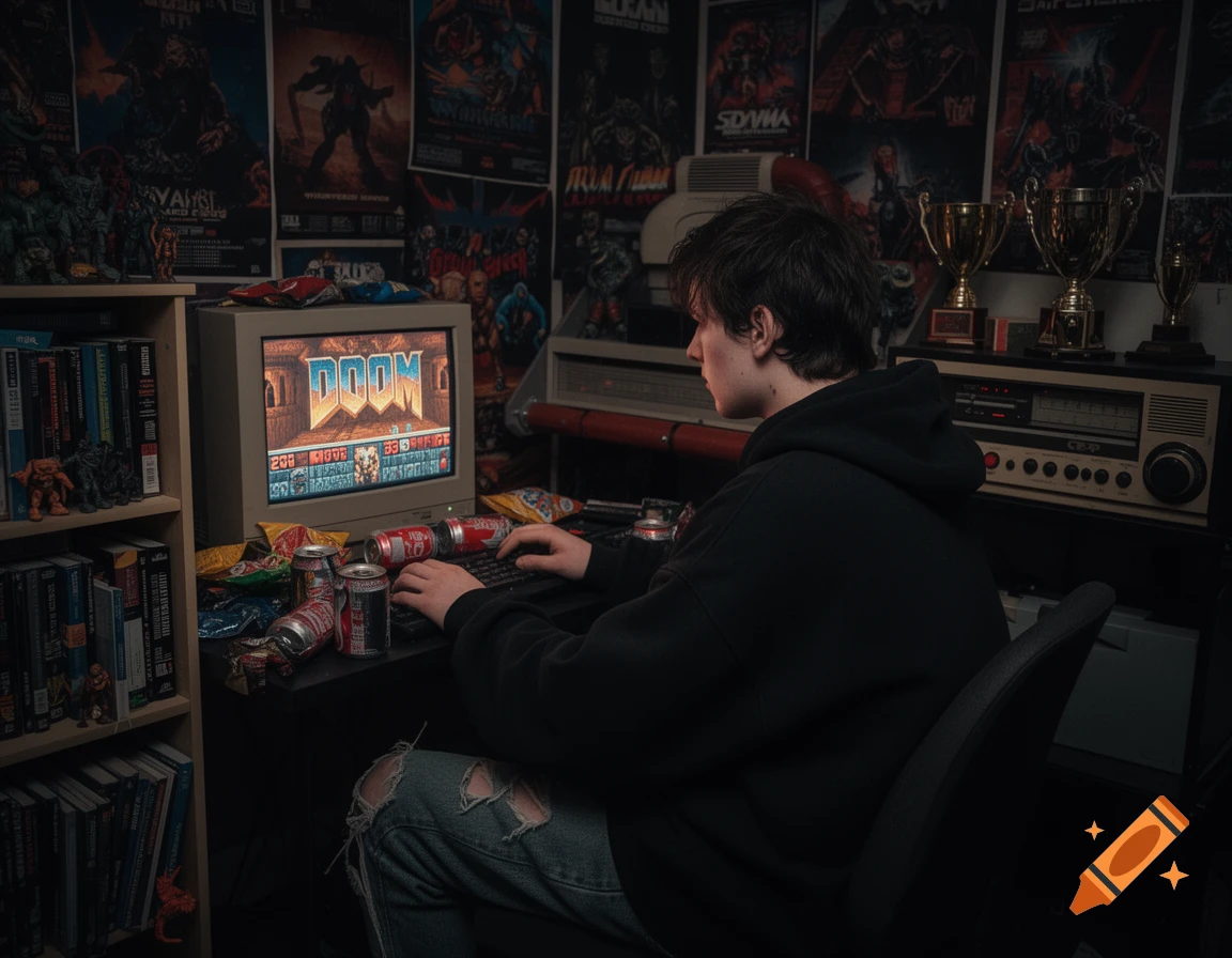 A young person plays the retro "Doom" video game on a CRT monitor in a dark, messy room filled with posters and trophies.
