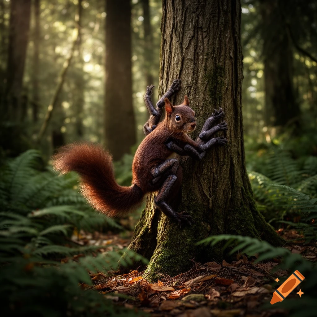 A photorealistic spider-squirrel creature with multiple dark limbs clings to a tree trunk in a sunlit forest.