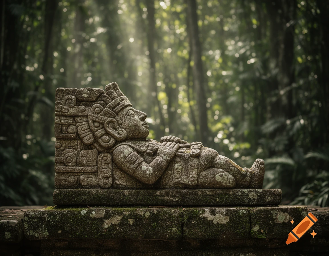 A weathered Mayan Chak-Mol stone statue lies on a mossy platform in a sunlit, misty jungle with rays of light breaking through the canopy.