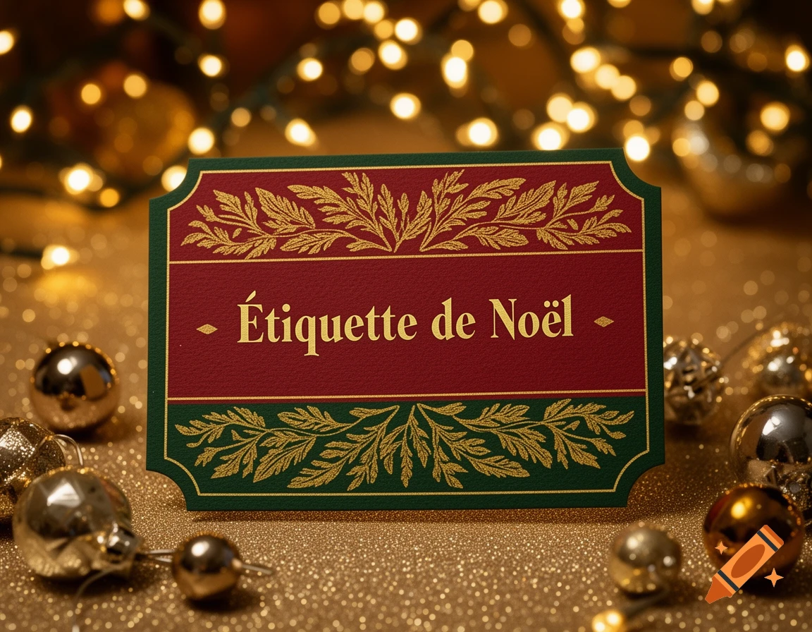 A red and green Christmas label with gold leaf accents reads " Étiquette de Noël," surrounded by sparkling gold ornaments and bokeh lights on a glittery surface.