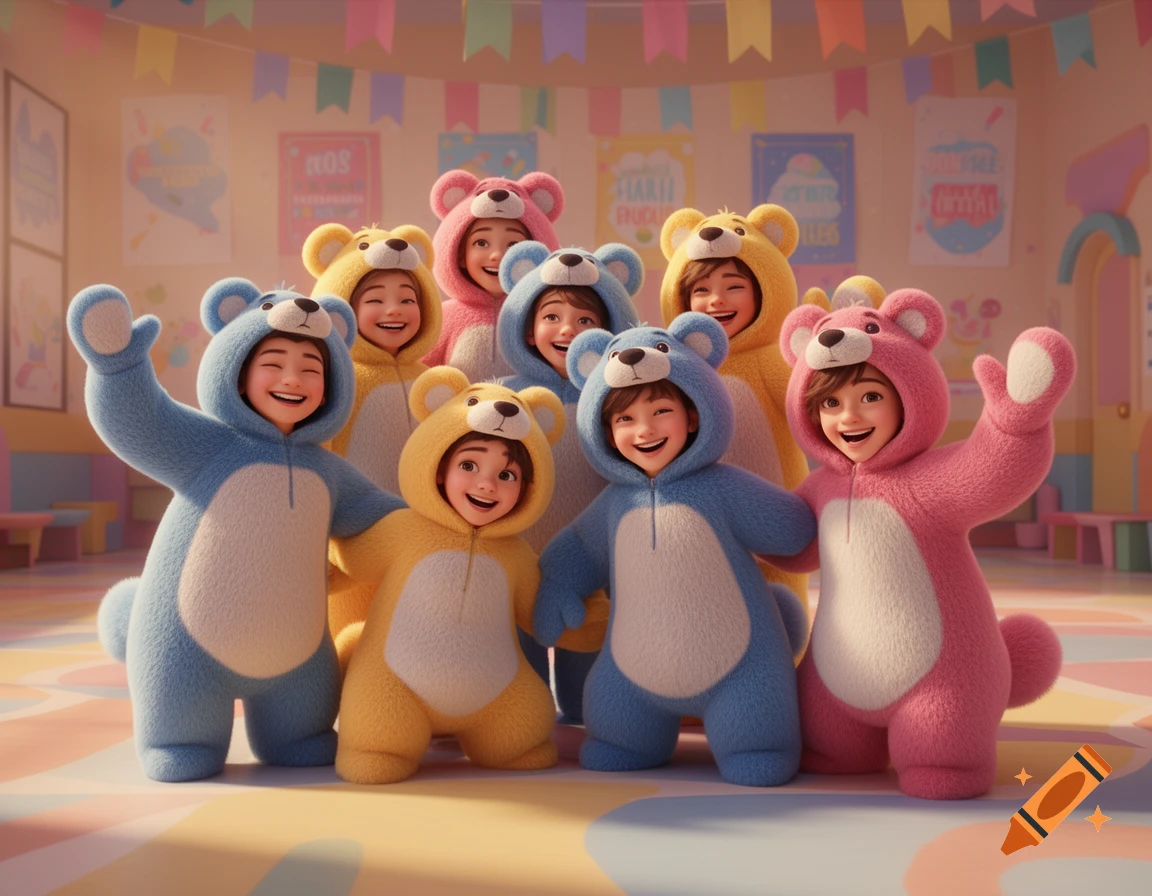 A group of cheerful children in blue, yellow, and pink bear costumes pose in a colorful 3D animated room with party decorations.