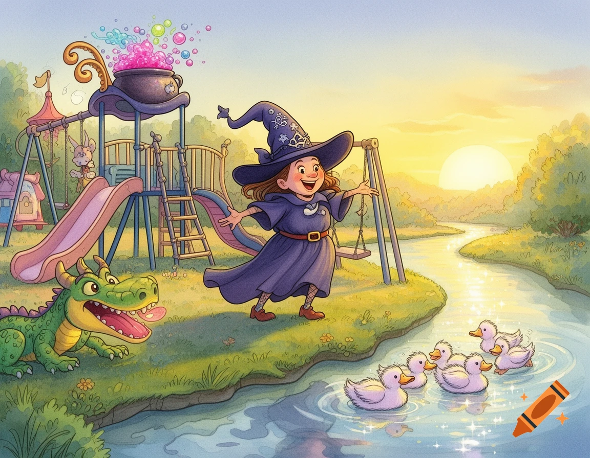 A cheerful witch and green dragon on a riverbank with ducks, a playground, and sunset, in storybook illustration style.