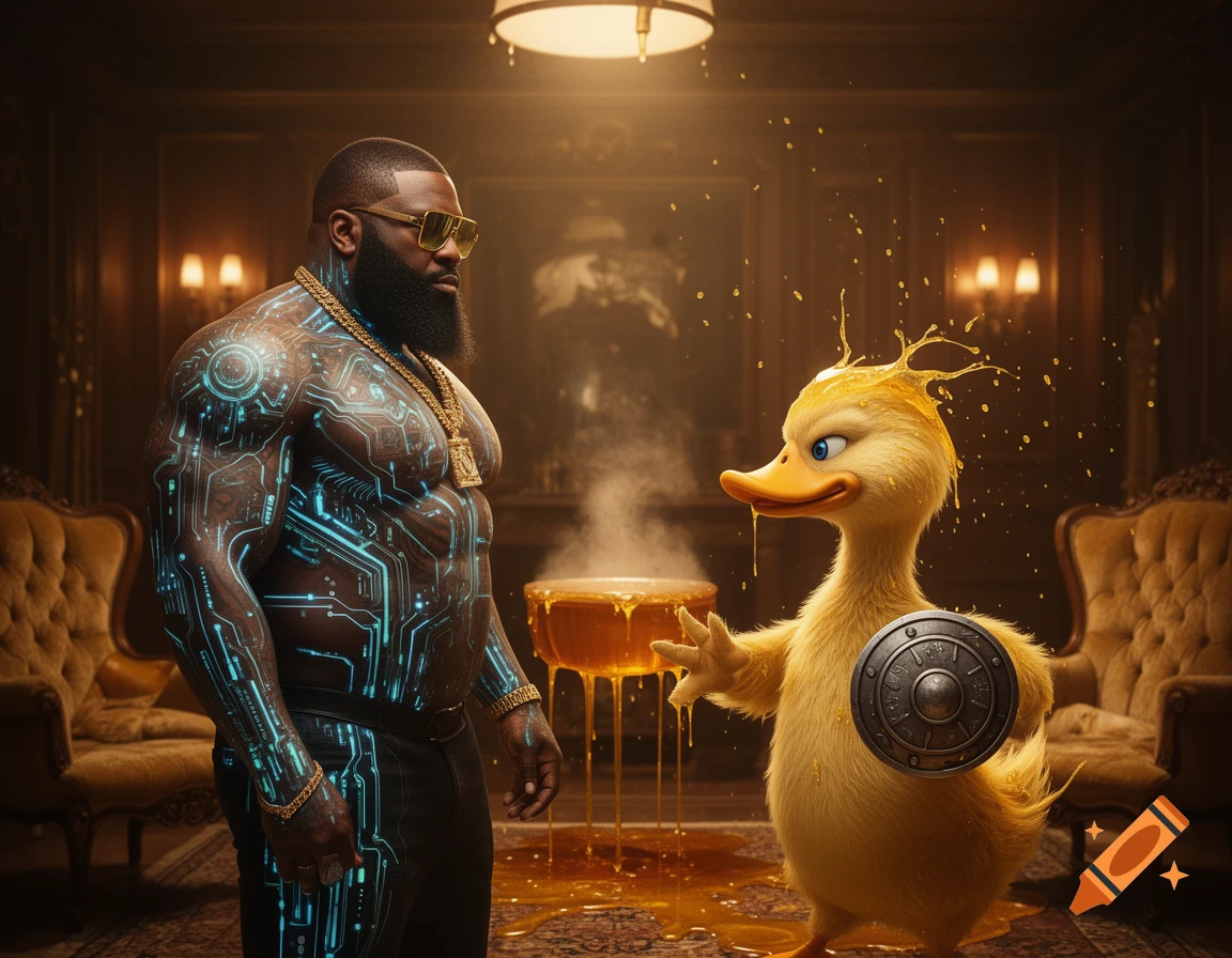 A muscular man with glowing blue circuitry tattoos and a cartoon duck with a shield stand in a luxurious room filled with spilled syrup.