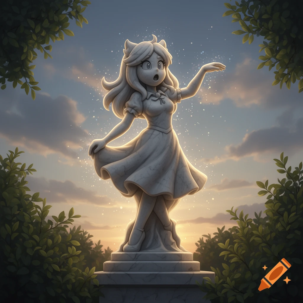 A stylized white marble statue of a surprised female character with cat ears and a dress, against a glowing sunset sky with foliage.