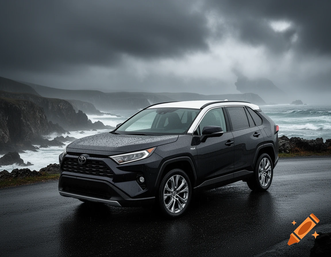 Dark gray and white Toyota RAV4 SUV on a wet coastal road under stormy, dark clouds, with crashing ocean waves and cliffs in the background.