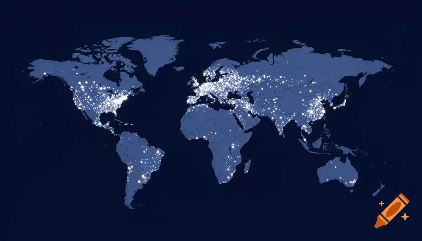 A dark blue world map illustrating illuminated cities and population centers as bright white dots.