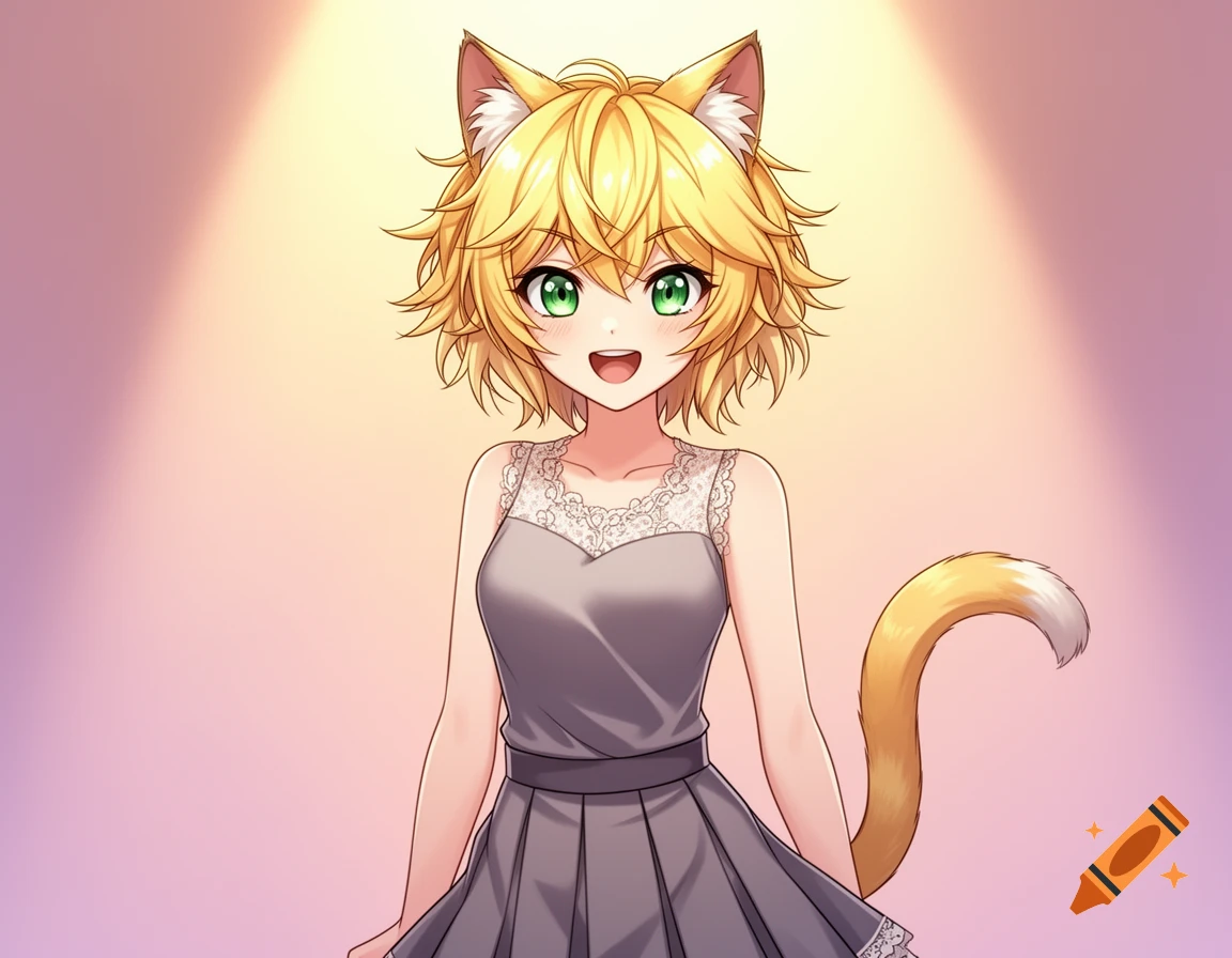 Smiling anime cat girl with short blonde hair, green eyes, and a cat tail, wearing a grey dress with white lace.
