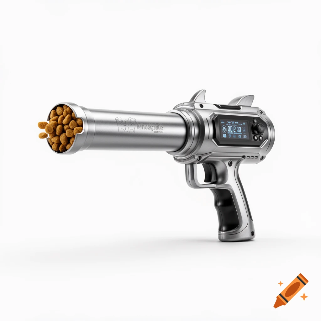 A sleek silver pet food launcher, shaped like a futuristic gun and filled with kibble, on a white background.