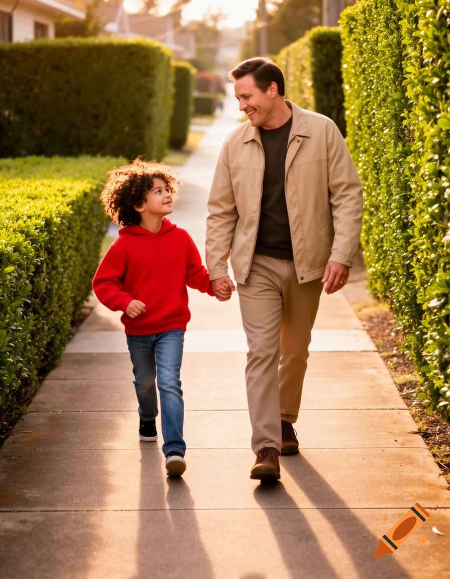 A man and a young boy walk hand-in-hand on a sunny sidewalk lined with hedges, smiling at each other.