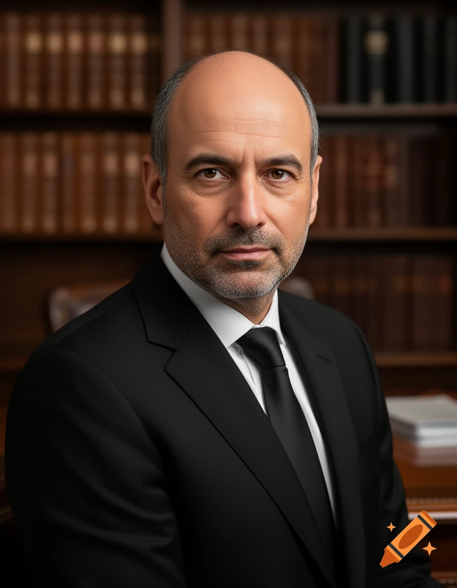 Photorealistic portrait of a bald man with a beard, wearing a black suit and tie, against a blurred bookshelf background.