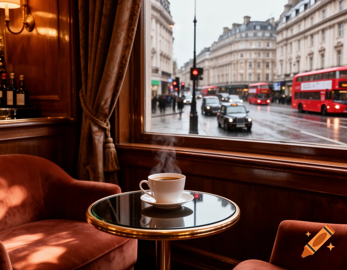 A steaming coffee cup on a small, dark table inside a cozy cafe, with a rainy London street scene visible through the window in the background.
