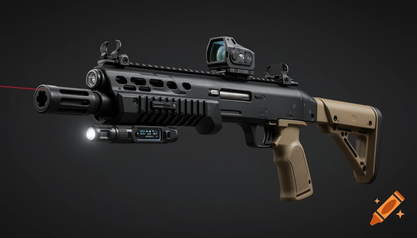 A photorealistic black and tan tactical shotgun with a red laser, flashlight, and scope on a dark background.
