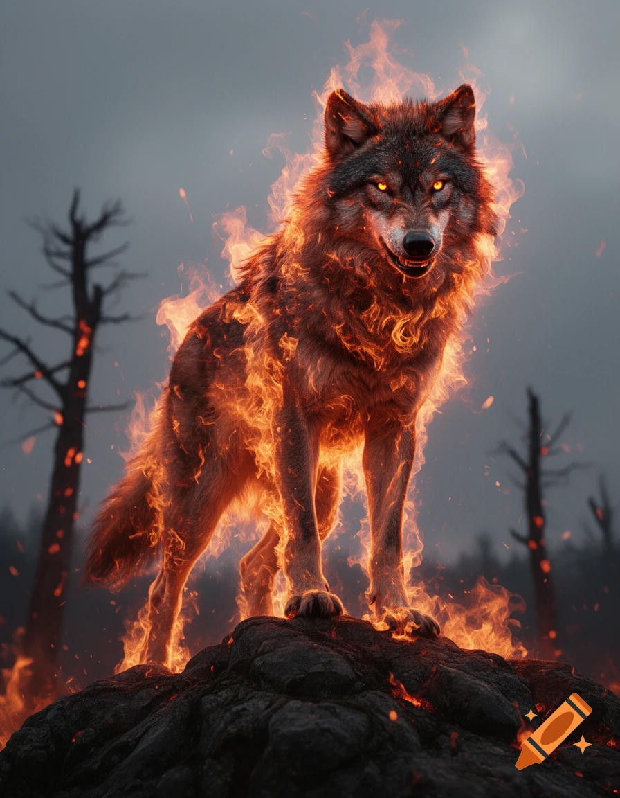 A majestic wolf, engulfed in vibrant flames, stands on a rocky outcrop under a dark, cloudy sky with bare trees.