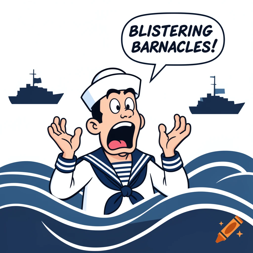 A cartoon sailor with a shocked expression emerges from blue waves, with two silhouette ships in the background, saying "BLISTERING BARNACLES!"