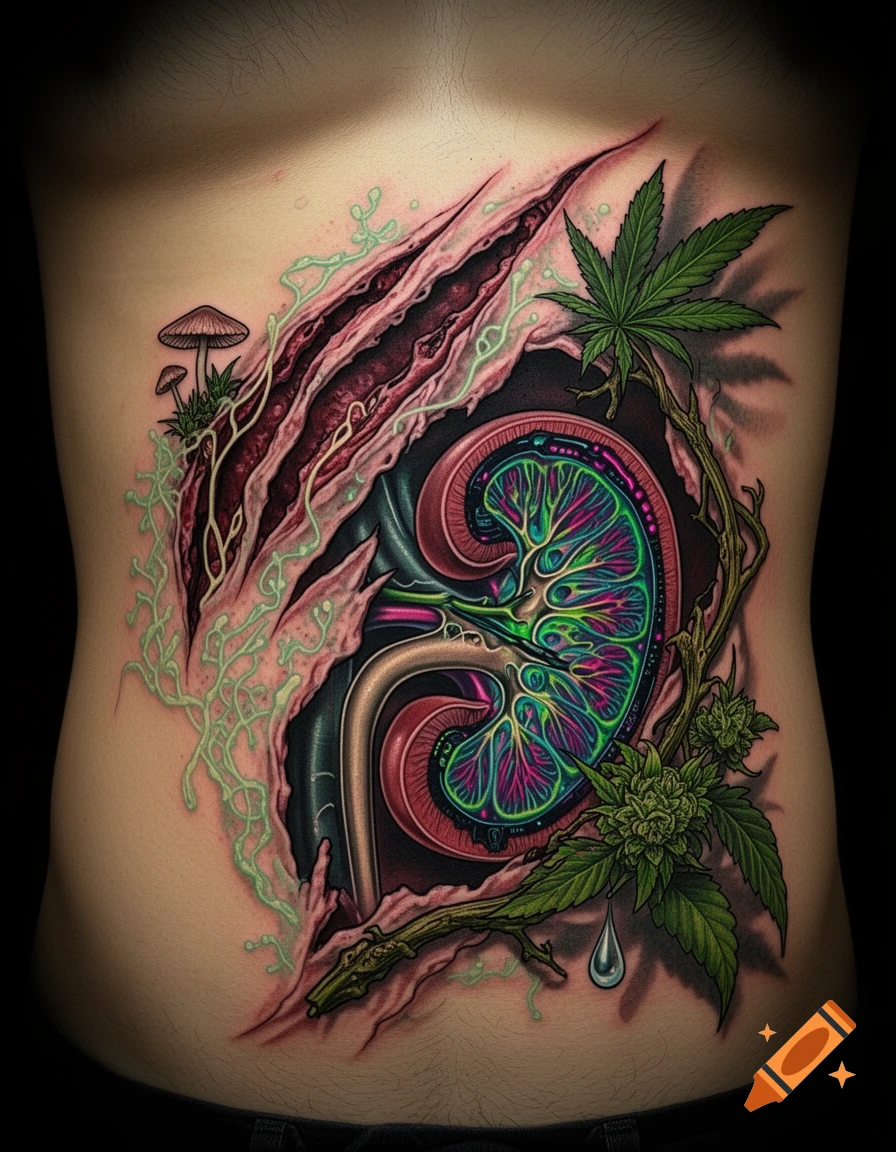 A bio-organic tattoo on an abdomen shows torn skin revealing a neon-lit cyber kidney, cannabis leaves, and mushrooms.