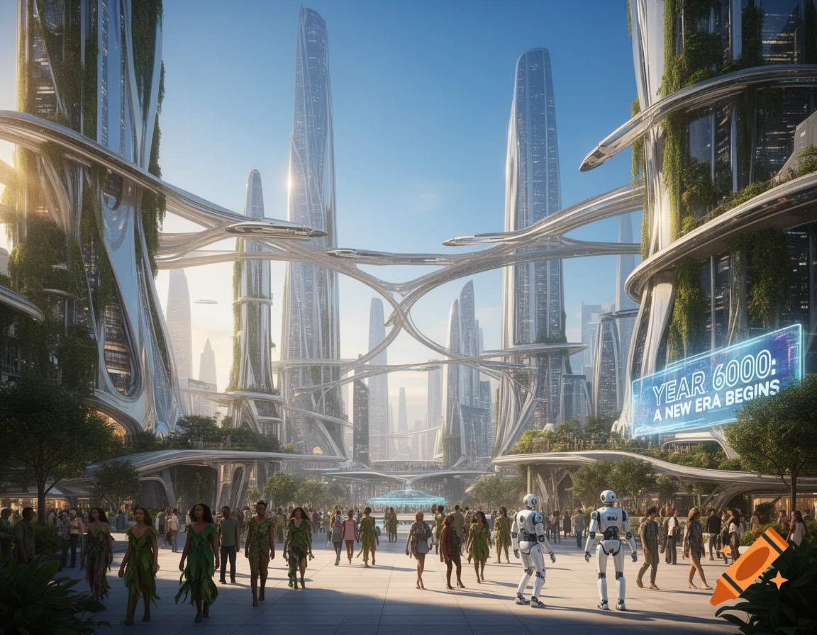 A bright, photorealistic futuristic city with towering, plant-covered skyscrapers, elevated transport systems, and diverse people and robots on the streets.