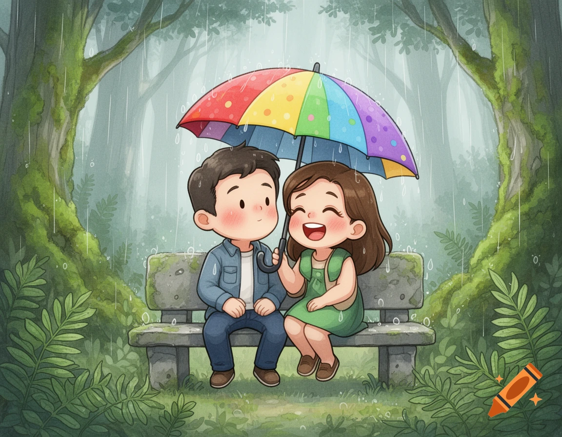 A cute cartoon couple sits on a stone bench in a rainy forest. The woman holds a rainbow umbrella and giggles at the man.