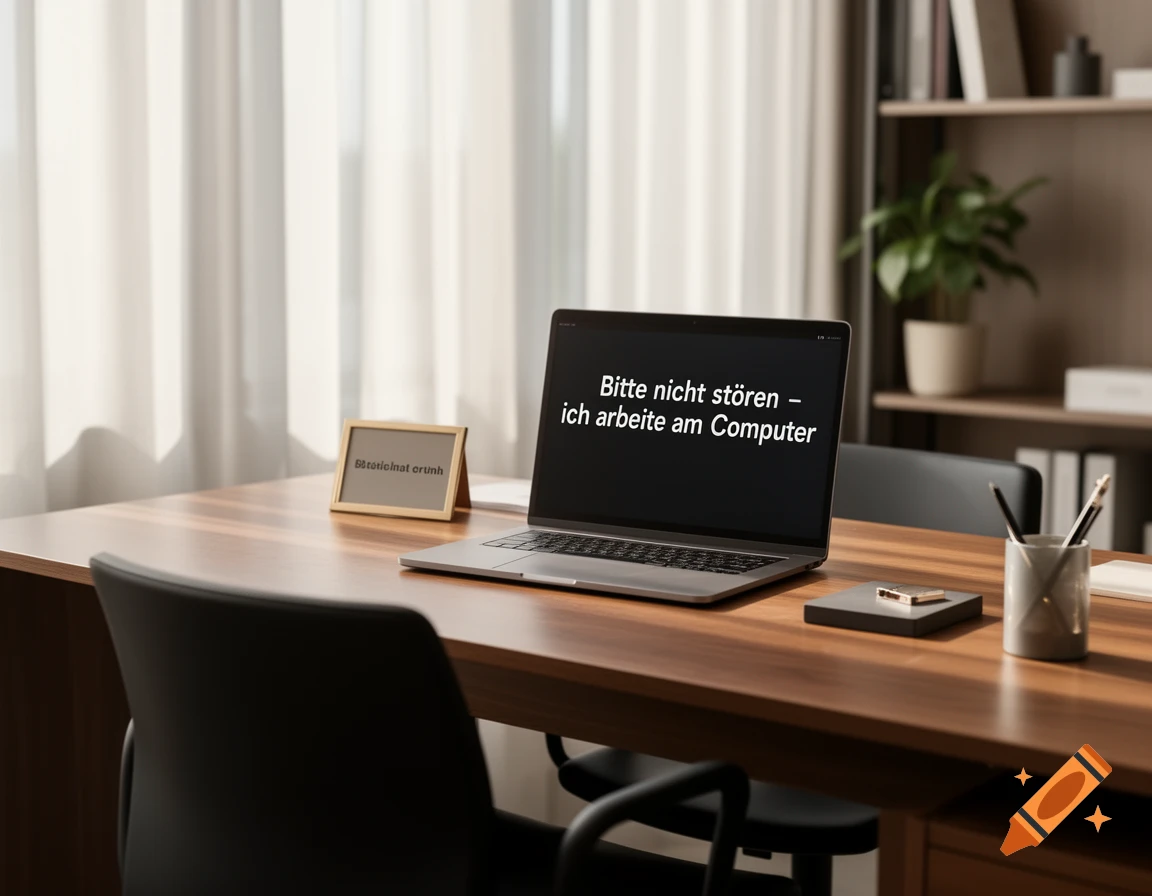 A modern home office desk with a silver laptop displaying "Please do not disturb - I am working on the computer." A small framed picture with gibberish text is next to it.