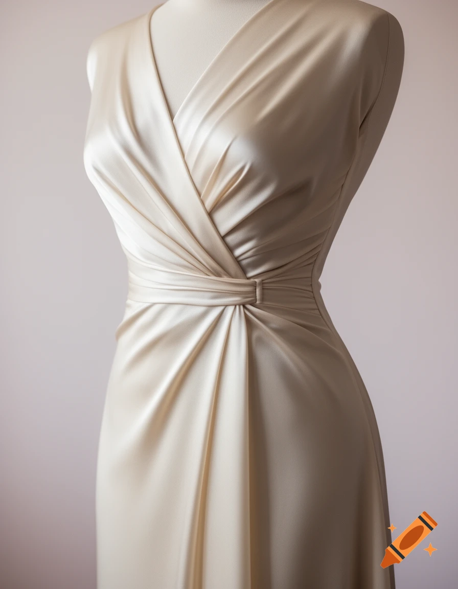 Photorealistic close-up of a cream satin draped gown on a mannequin, featuring intricate ruching detail at the waist.