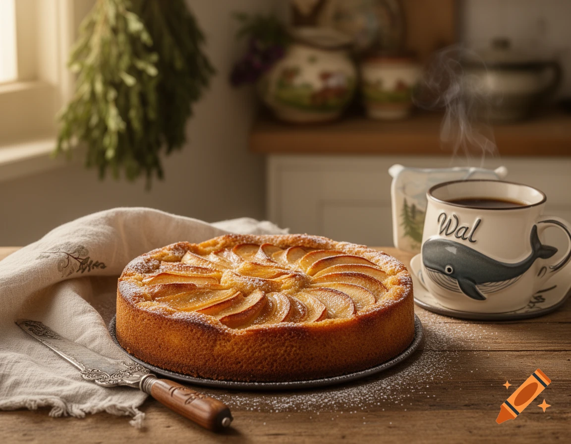Photorealistic apple cake on a wooden table next to a steaming coffee mug with a whale design in a rustic kitchen.